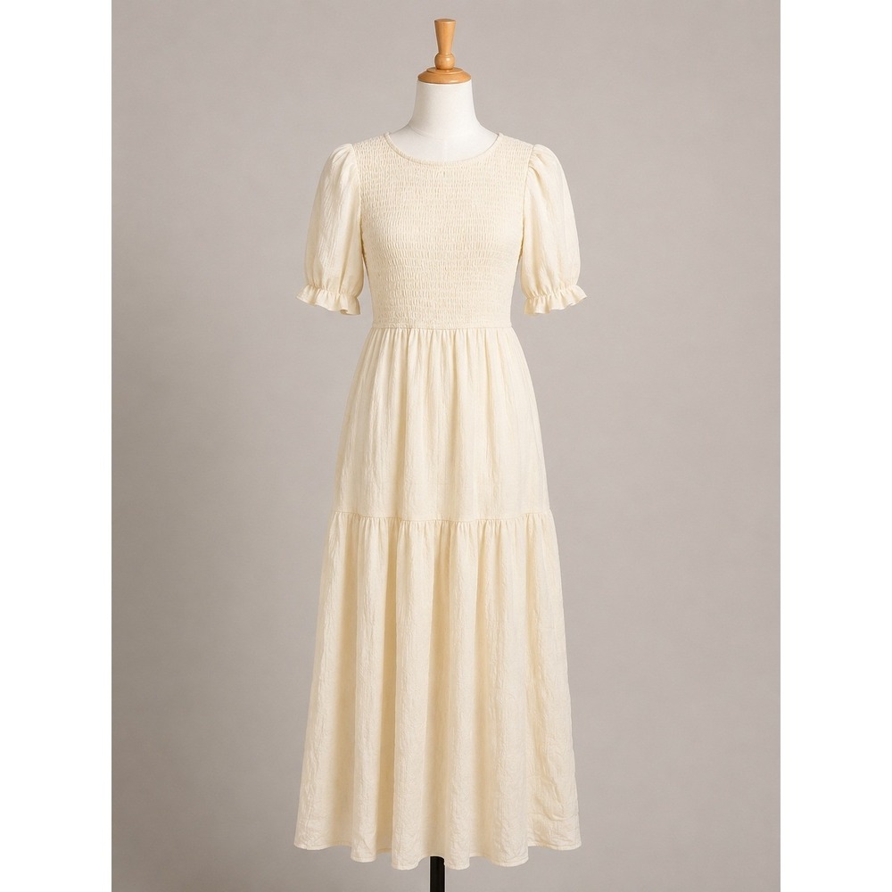 Cream Smocked Puff Sleeve Tiered Maxi Dress Cottagecore Textured Boho Medium